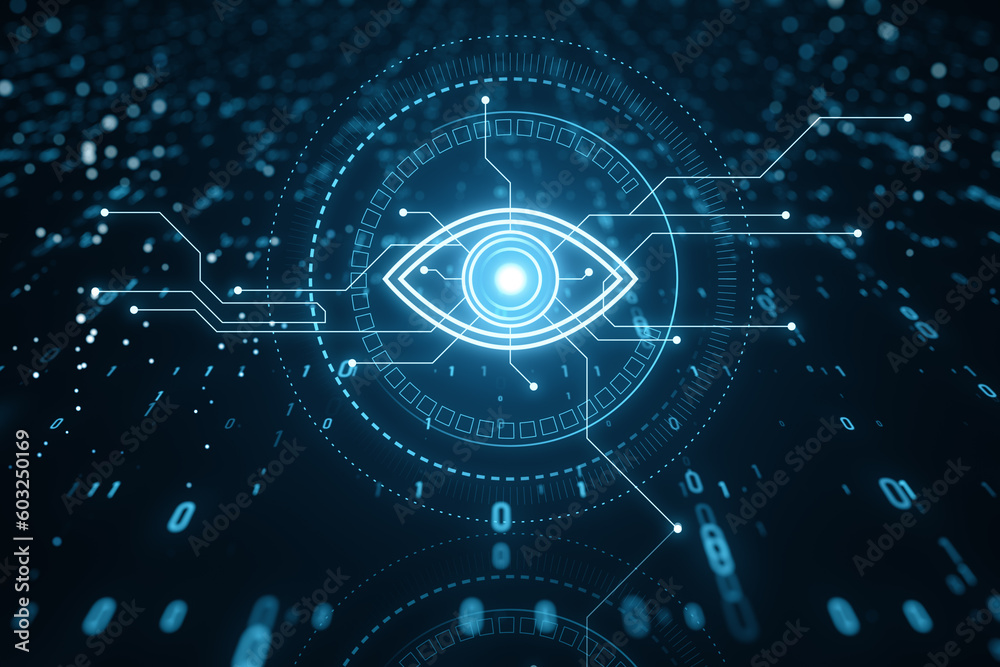 Poster illustration of digital eye neon style on dark blue background, computer vision and hightech future 