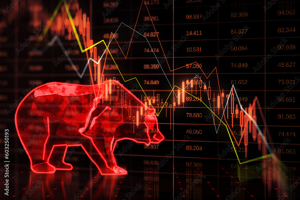 Poster economy crisis and bearish stock market crash concept with moving down digital red financial chart c