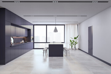 Modern luxury dark kitchen interior with concrete flooring and window with city view. 3D Rendering.