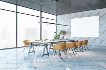 Perspective view on blank white poster with space for your logo or text on grey wall background in spacious conference room with city view from big window and stylish furniture. 3D rendering, mockup