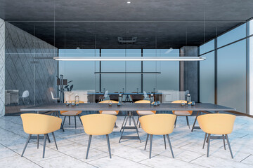 Front view on dark wooden conference table with bottles of water and stylish armchairs on concrete tiles floor in meeting room with glass partition walls. 3D rendering