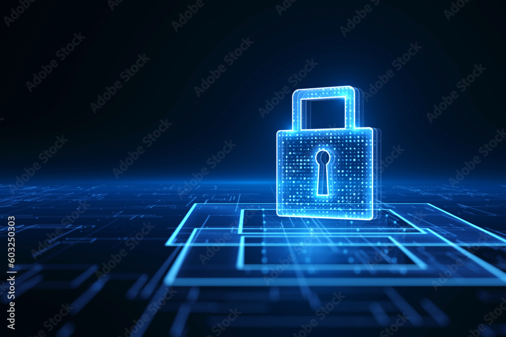 Poster Cyber security network technology data protection technology concept with digital blue closed padlock with keyhole inside above virtual multi levels on abstract dark background. 3D rendering