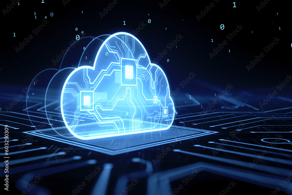 Aufkleber Data storage and cloud computing technology concept with perspective view on glowing cloud symbol with circuit and processor inside on dark digital background. 3D rendering