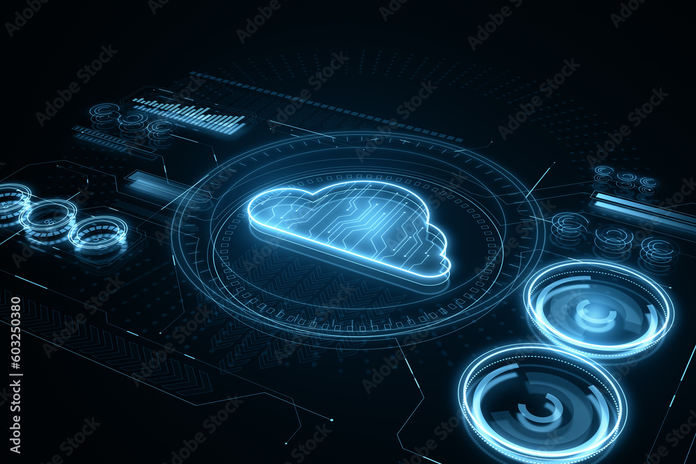 Poster modern design illustration with neon style cloud icon, cloud computing technology and hosting concep