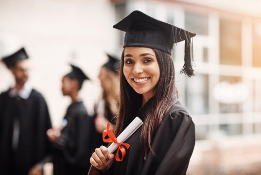 Graduation, Diploma And Portrait Of A Woman Or College Student With Happiness And Pride Outdoor. Female Person Excited To Celebrate University Achievement, Education Success And School Graduate Event