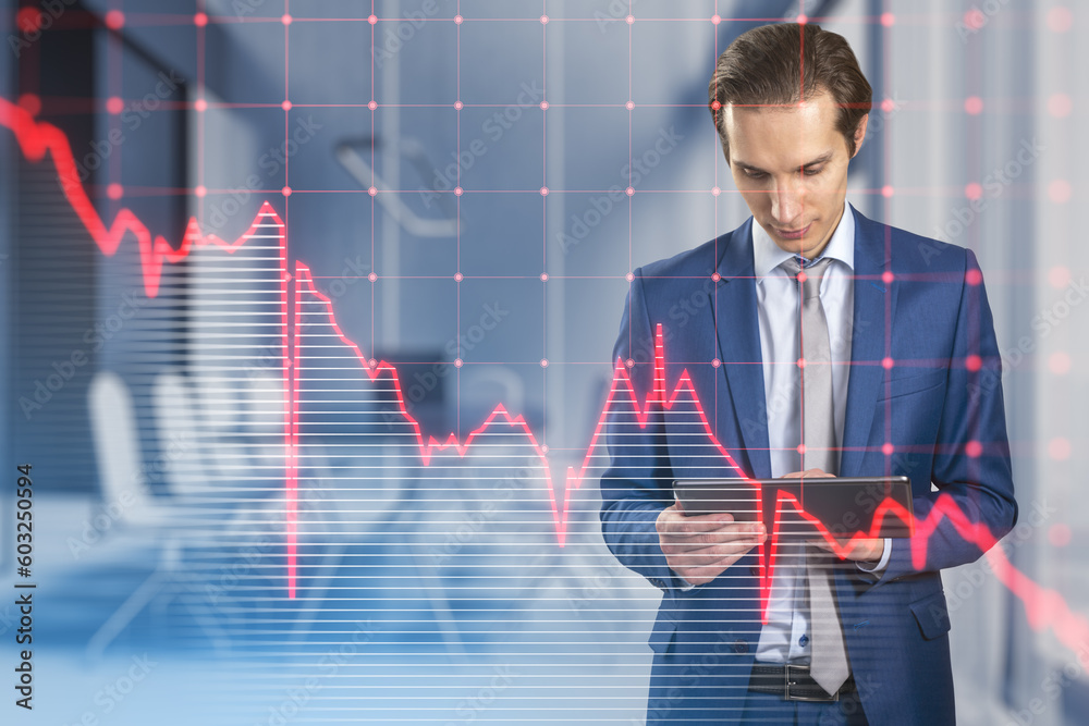 Poster attractive pensive european businessman using tablet with falling red business graph grid on blurry 