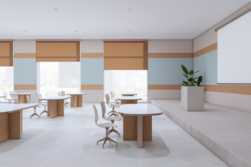 Modern school classroom interior with empty white mock up frame , desks and window with city view. Education and auditorium concept. 3D Rendering.