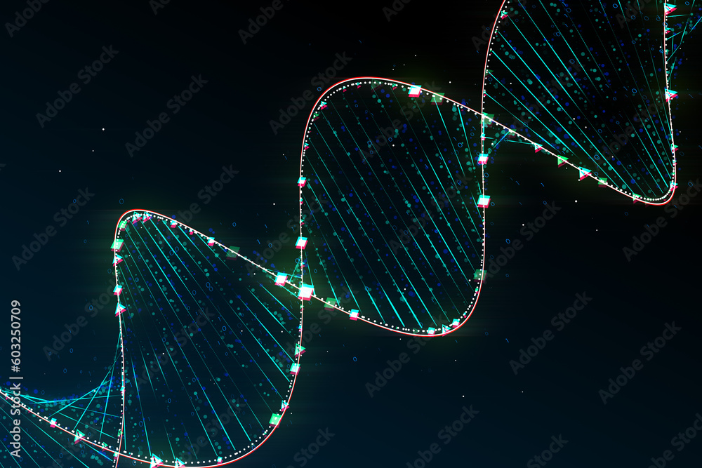 Fototapete Future, science, genetics and innovation technology concept with bright digital DNA molecule on abstract dark background with binary code. 3D rendering