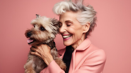 A modern senior woman's smile is matched only by the love she has for her furry companion on a pink background. Generative AI.