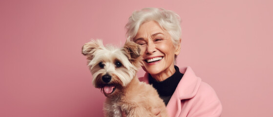A senior woman as she lovingly embraces her loyal pet dog against a studio light pink background. Generative AI