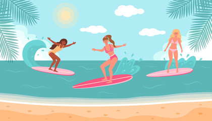 Women in swimsuits on surfboards on the beach. Summer seascape, active sport, surfing on ocean waves, paradise nature vacation. Flat cartoon vector illustration.
