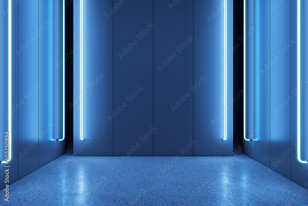 Poster Front view on blue blank wall in abstract empty dark room interior with concrete floor and neon light, mockup. Product presentation and stage background. 3D Rendering