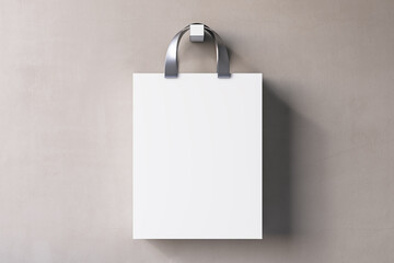 Shopping or present concept with front view on blank white craft bag with silver handles and place for company logo or advertising text on light beige wall background. 3D rendering, mock up