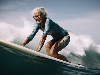 a rad grandma surfing and having fun on the summer waves,  generative ai