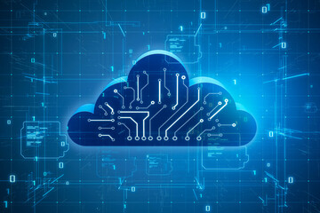 Cloud computing, information, data exchange and storage concept with front view on digital cloud symbol with circuit scheme on abstract dark blue matrix technological background. 3D rendering