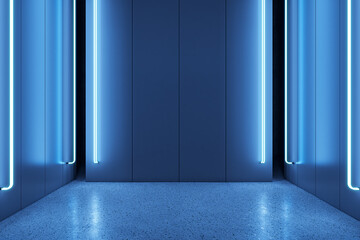 Front view on blue blank wall in abstract empty dark room interior with concrete floor and neon light, mockup. Product presentation and stage background. 3D Rendering