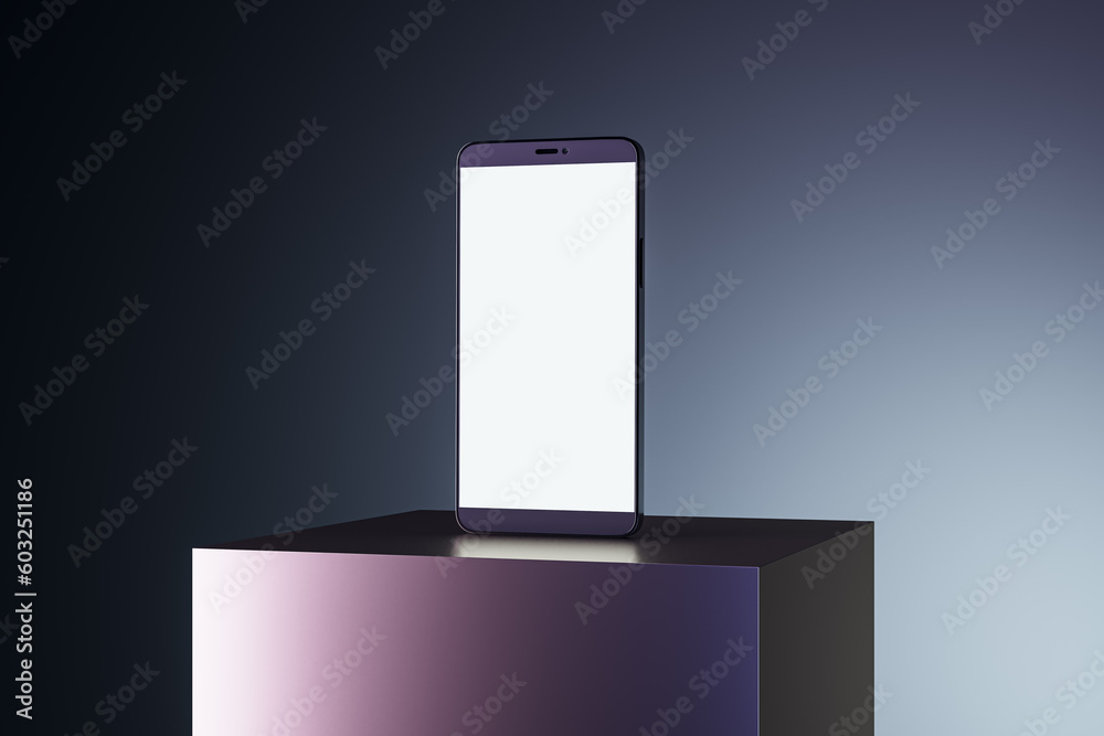 Poster Empty white screen smartphone on creative square pedestal placed on gradient background with mock up place. Ad concept. 3D Rendering.
