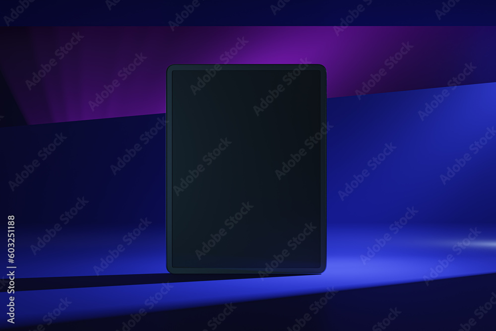 Poster Front view on blank black digital tablet screen with space for your logo or text on abstract graphic dark blue and purple shades background. 3D rendering, mock up