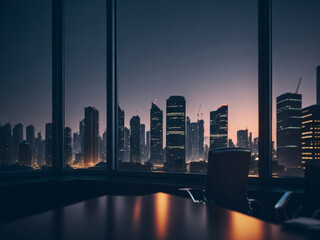Office interior with city view from a window at night. Business concept. AI generated.