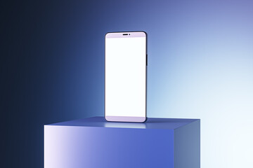 Empty white display smartphone on creative square pedestal placed on light gradient background with mock up place. Ad concept. 3D Rendering.
