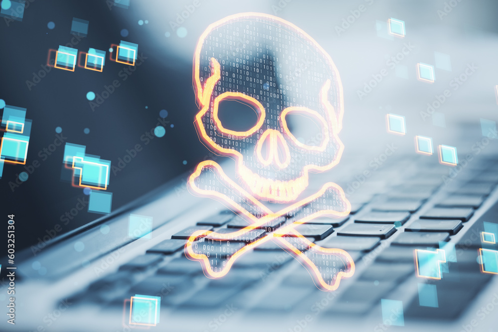 Poster Close up of laptop with glowing digital binary code skull on blurry background. Hacking, piracy, malware and data theft concept. Double exposure.
