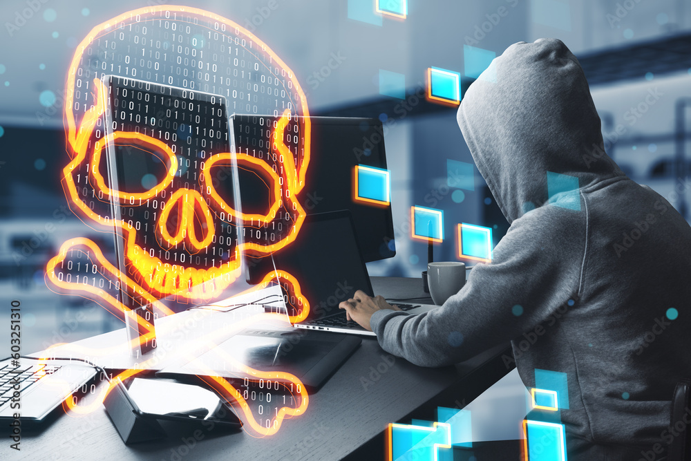 Poster Side view of hacker at desk using computers with glowing digital binary code skull on blurry office interior background. Hacking, piracy, malware and data theft concept. Double exposure.