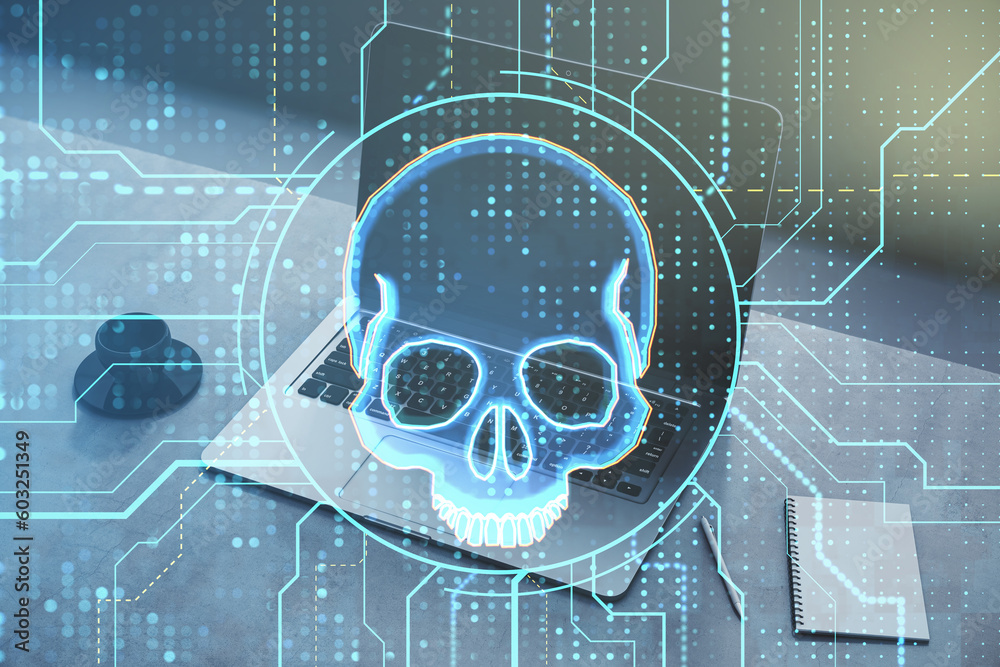 Poster Close up of laptop with glowing digital circuit binary code skull on blurry workplace background. Hacking, piracy, malware and data theft concept. Double exposure.