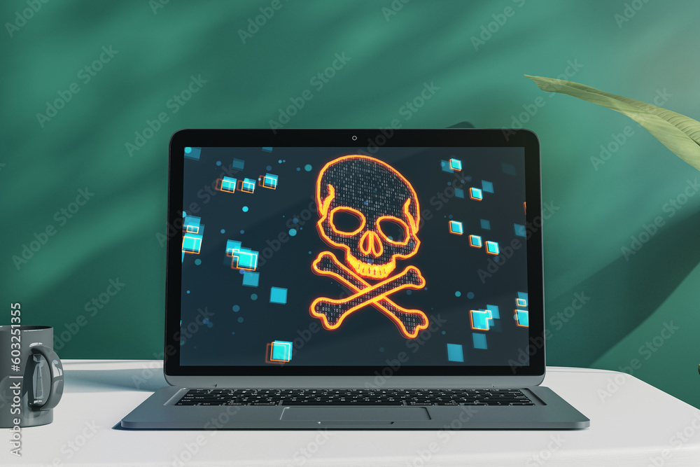 Poster Close up of laptop with digital binary code skull on screen. Chalkboard wall with shadows, coffee cup and plant background. Hacking, piracy, malware and data theft concept. 3D Rendering.