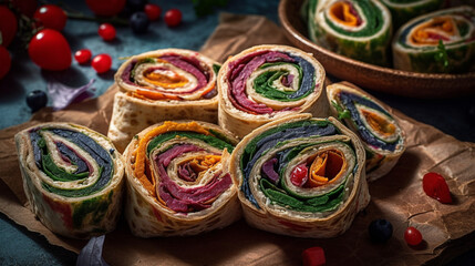 Fototapeta na wymiar pinwheel vegetable and meat wraps