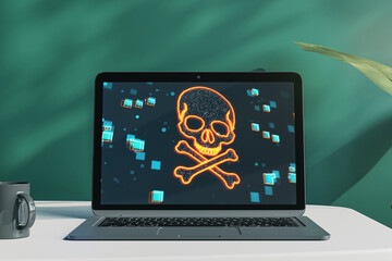 Close up of laptop with digital binary code skull on screen. Chalkboard wall with shadows, coffee cup and plant background. Hacking, piracy, malware and data theft concept. 3D Rendering.