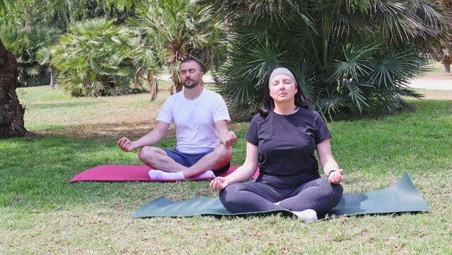 A couple practices yoga while sitting in a lotus position on a mat in the park. Fitness workout outdoors.