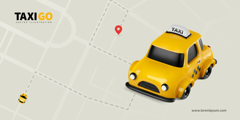 3d cartoon toy city taxi vehicle on city map background. Yellow cab service vector illustration. © Oleg