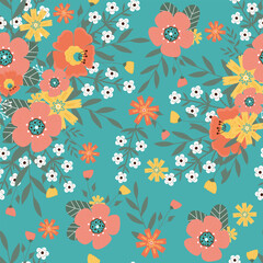 Fototapeta na wymiar Seamless pattern with hand drawn flowers and branch with leaves.