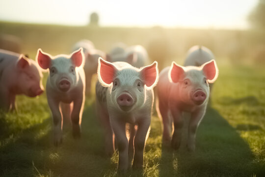 Close up of pigs, piglets in an outdoor enclosure. Farm animal welfare and care. 
