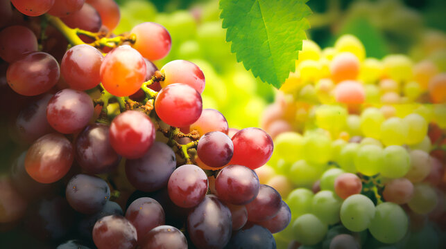 a cluster of ripe, juicy grapes with a background of green leaves Generative AI