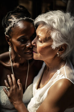 Old women lesbian couple. marrage Black and Caucasian female bride in love. LGBT pride month celebration generative ai