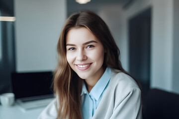 Obraz premium A young Western woman in professional attire sits at her desk in a well lit office, looking directly at the camera with a confident expression generative AI.