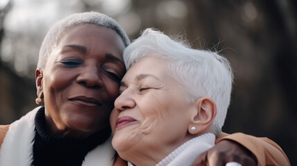 Fototapeta premium Old women lesbian couple. Black and Caucasian female in love. LGBT pride month celebration generative ai