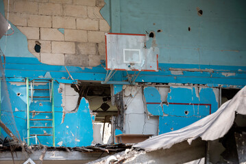 destroyed and burned school in the city Russia Ukraine war