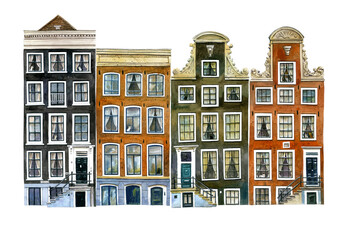 Drawing watercolor Holland houses. Netherlands painted in sketch style illustration. For interior postcard, print decoration, fabric, sketchbook cover.