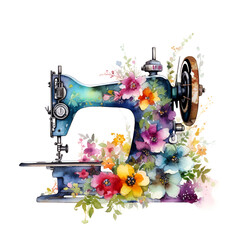 sewing machine in a watercolor style with flowers on a white background. logo, print. isolated object