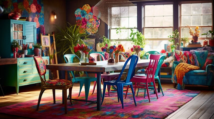 Generative AI, Boho-Chic Dining Room: A Colorful and Eclectic Space