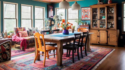 Generative AI, Boho-Chic Dining Room: A Colorful and Eclectic Space