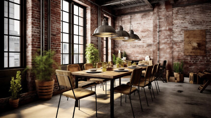 Generative AI, Rustic Industrial Dining Room with Vintage Flair