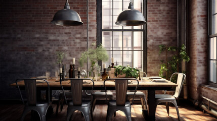 Generative AI, Rustic Industrial Dining Room with Vintage Flair