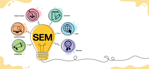 SEM keyword and icons with modern design, search engine marketing web banner vector illustration. 