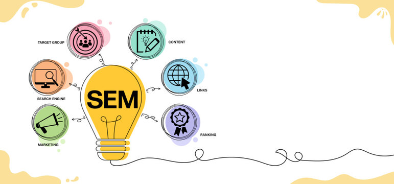 SEM keyword and icons with modern design, search engine marketing web banner vector illustration. 