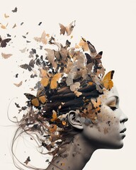 Butterflies in my head, avatar model, concept of depression, mental illness or being on love, illustration, ai generative
