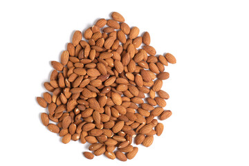 Lot of almonds white background, isolate.