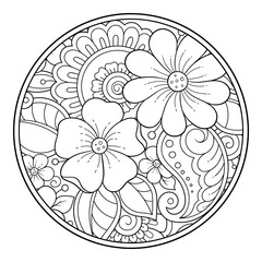 Outline round flower pattern in mehndi style for coloring book page. Antistress for adults and children. Doodle ornament in black and white. Hand draw vector illustration.